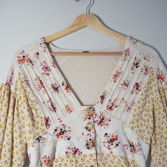 Free People Wonderland Floral Print VNeck Button Mini Dress Yellow Long Sleeve - Picture 2 of 11